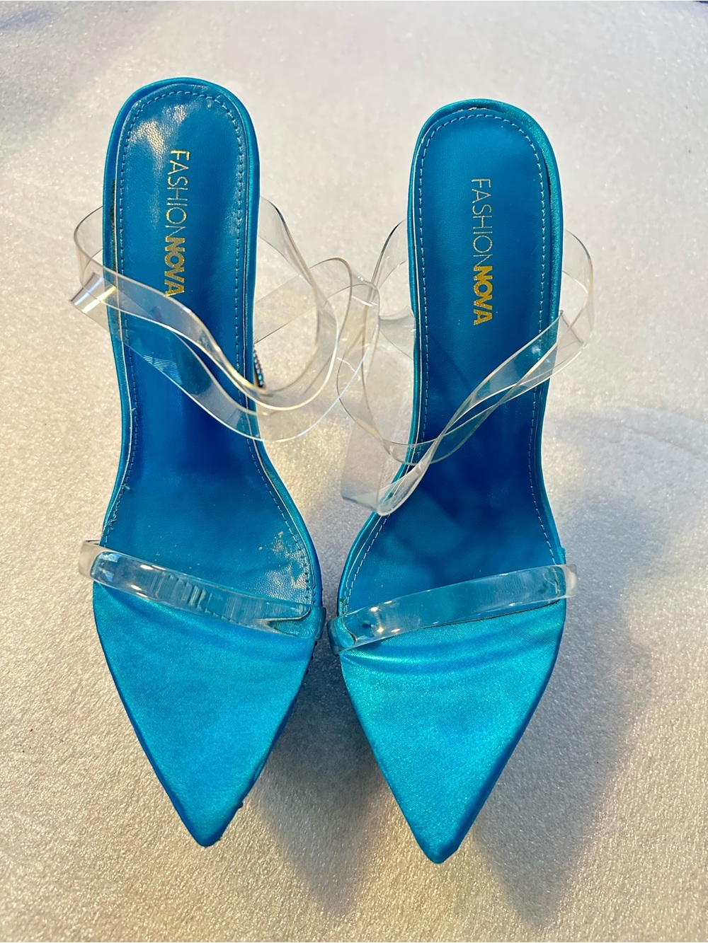 Fashion Nova Teal Satin Pointed-Toe Heels with Clear Straps